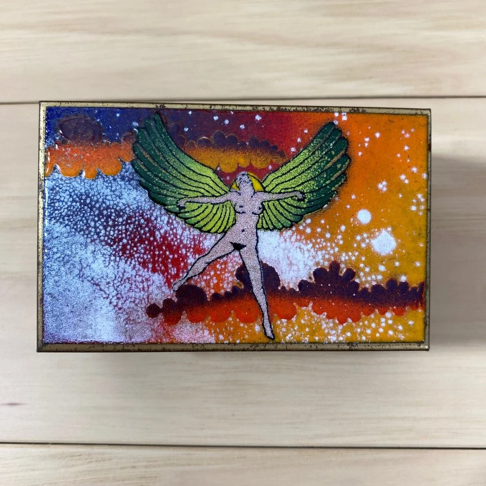 Vintage Day Dreams Handcrafted Porcelain Enamel Jewelry Box Winged Woman Brass